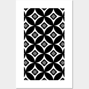 Traditional Japanese Shippo Flowers Pattern Black and White Posters and Art